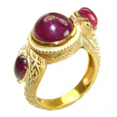 Solid Natural 9.5 carat Ruby Enamel 18K Gold over .925 Sterling Silver handmade Statement Ring size 8