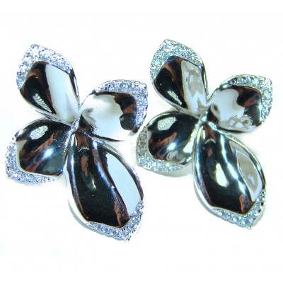 Lotus flower White Topaz highly polished Rhodium over .925 Sterling Silver Italy made Earrings