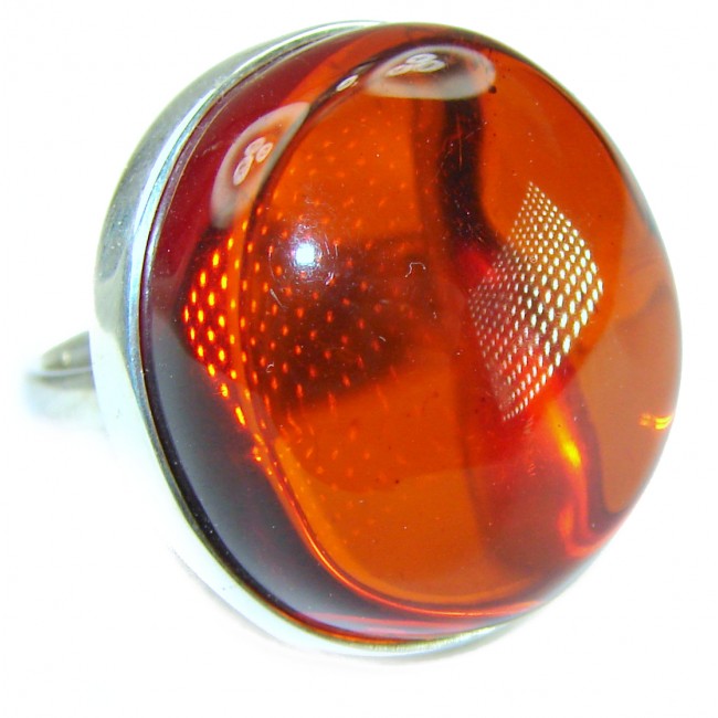 Huge Beauty of the Nature Cognac Baltic Amber .925 Sterling Silver handcrafted ring; s. 7 adjustable