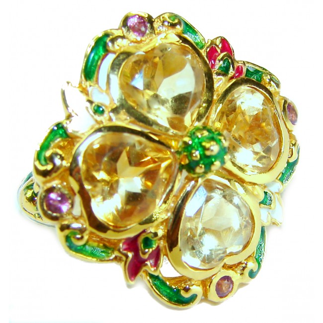 Four Golden Hearts - Luxurious Natural 18.2 carat Citrine enamel 14K Gold over .925 Sterling Silver handmade ring size 7