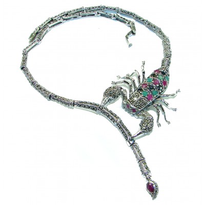Large SCORPIO Genuine Ruby Emerald Marcasite .925 Sterling Silver handmade handcrafted Necklace