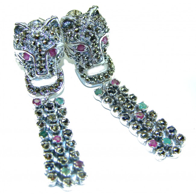 Panthère Ruby Emerald Sapphire Marcasite .925 Sterling Silver earrings
