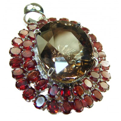 Authentic 45.5 carat carved Smoky Topaz Garnet .925 Sterling Silver handmade Statement Pendant