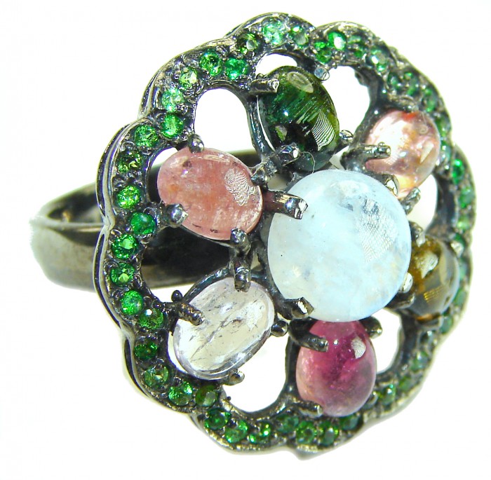 5.8 carat Rainbow Moonstone black rhodium over .925 Sterling Silver handmade Statement Ring size 8 1/2