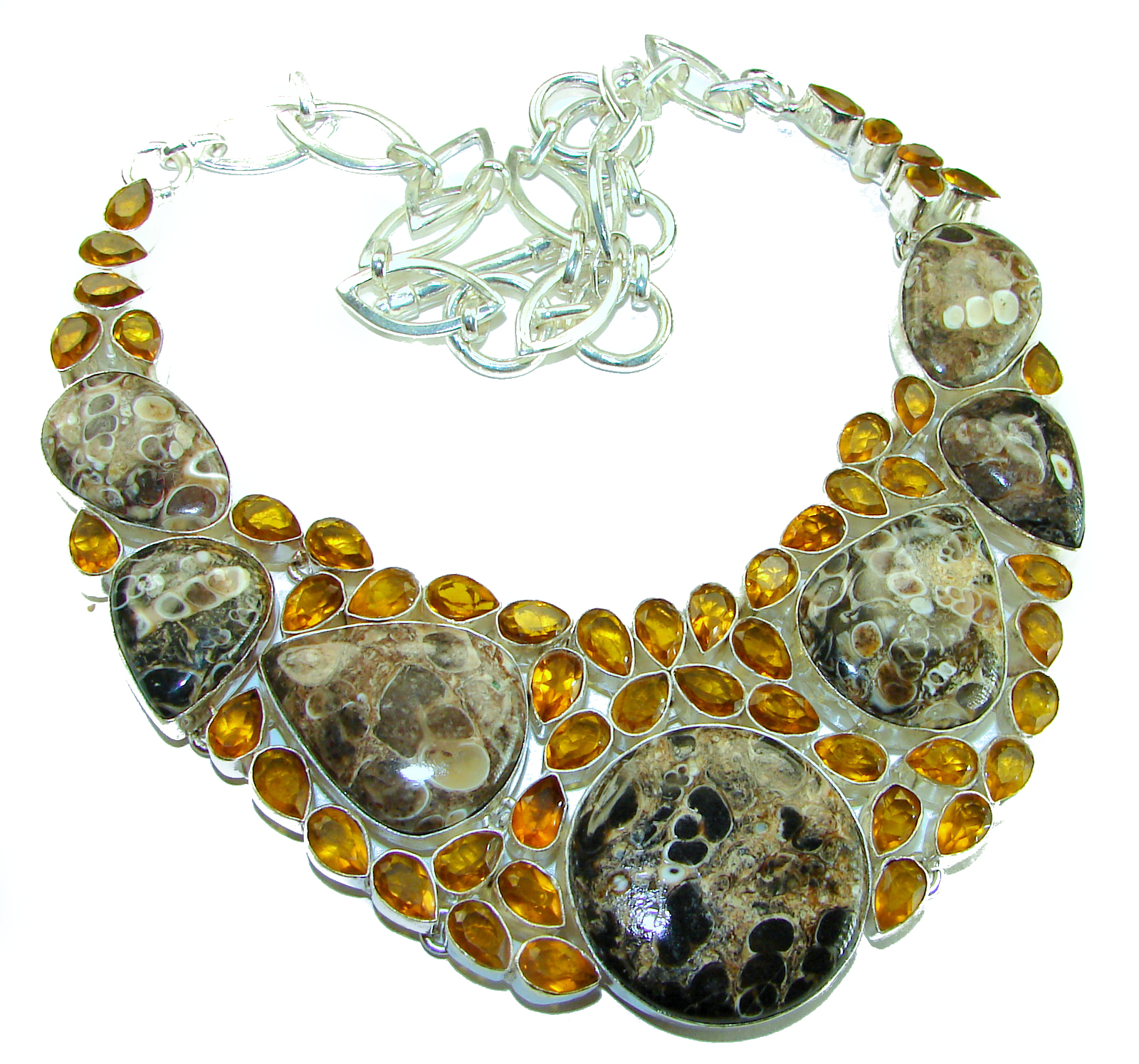 Great Impression authentic Crinoid Fossil .925 Sterling Silver handcrafted Boho Style LARGE Necklace