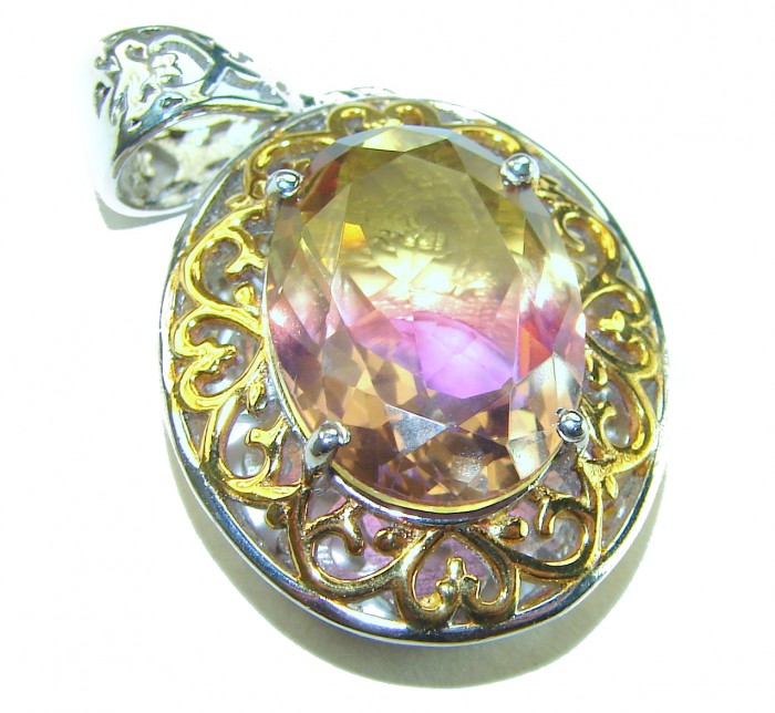 Deluxe oval cut 12.5 carat Ametrine 18K Gold over .925 Sterling Silver handmade Pendant