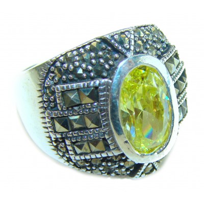 Authentic 5.8 carat Green Neon Topaz Marcasite .925 Sterling Silver handmade Ring s. 6