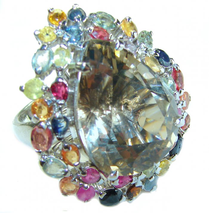 Egyptian Night 22.5 carat Champagne Topaz multicolored Sapphire .925 Sterling Silver Ring size 8 - video