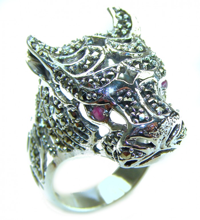 Panthère's Head Marcasite Ruby .925 Sterling Silver handcrafted Statement Ring size 10