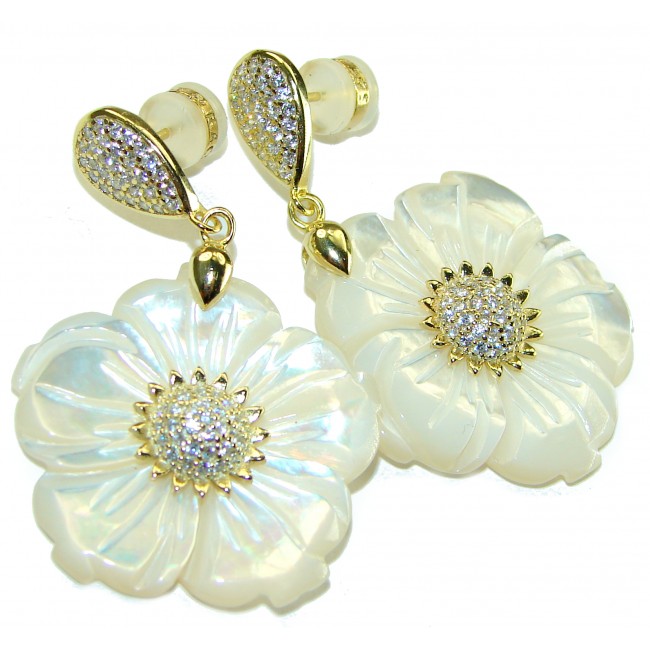 Genuine Blister Pearl lab grown Diamond 18K Gold over .925 Sterling Silver handcrafted Large Statement Earrings