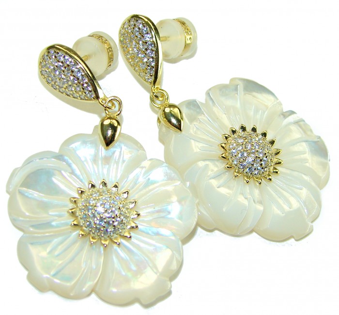 Genuine Blister Pearl lab grown Diamond 18K Gold over .925 Sterling Silver handcrafted Large Statement Earrings
