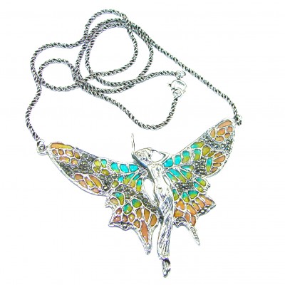 Awesome Flying Fairy Natural Enamel .925 Silver handcrafted Necklace