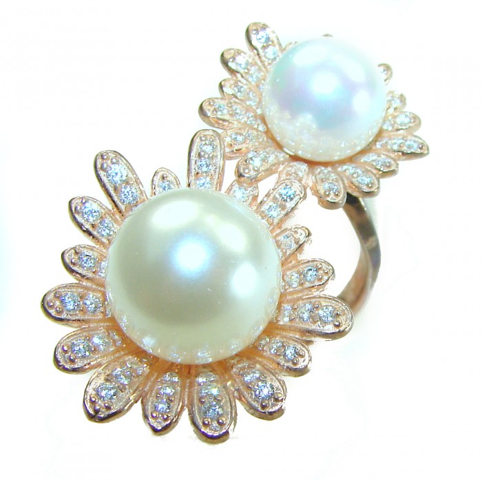 Floral design White Pearls White Sapphire 14K Gold over .925 Sterling Silver brilliantly handcrafted Statement ring s. 8 1/2