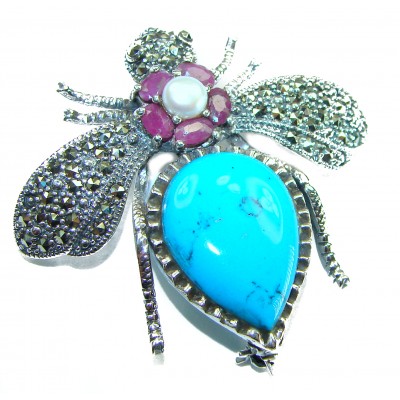 Blue Bee genuine INLAY Turquoise Marcasite .925 Sterling Silver handmade Pendant - Brooch