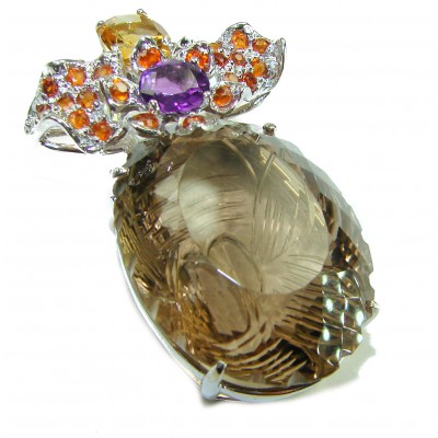 Rio de Janeiro Authentic 45.5 carat carved Brazilian Smoky Topaz Garnet .925 Sterling Silver handmade Statement Pendant