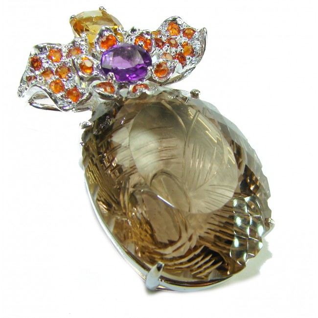 Rio de Janeiro Authentic 45.5 carat carved Brazilian Smoky Topaz Garnet .925 Sterling Silver handmade Statement Pendant