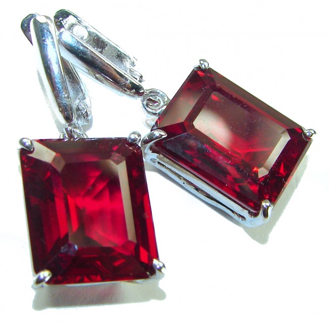 Blooming Rose baguette cut 26.5 carat Red Topaz .925 Sterling Silver handmade Statement earrings