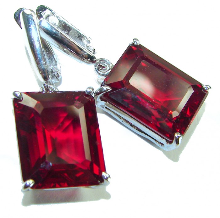 Blooming Rose baguette cut 26.5 carat Red Topaz .925 Sterling Silver handmade Statement earrings