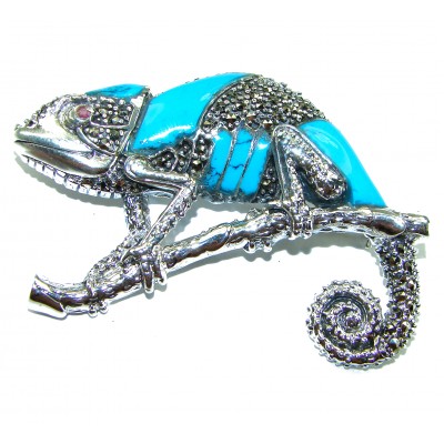 Spectacular Big Chameleon Lizard inlay Turquoise .925 Sterling Silver handmade Brooch
