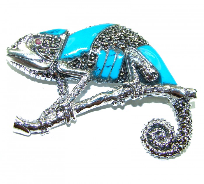 Spectacular Big Chameleon Lizard inlay Turquoise .925 Sterling Silver handmade Brooch