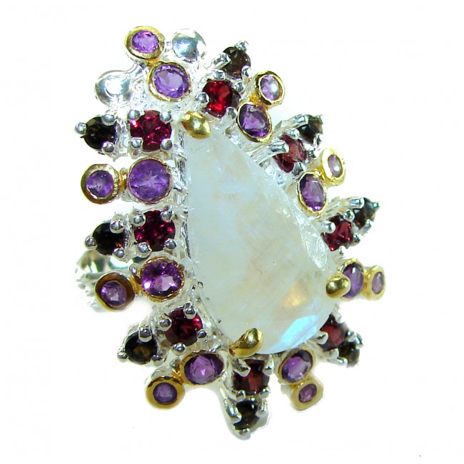 Moonlight Authentic 14.2 carat Fire Moonstone 18k Gold over .925 Sterling Silver handmade Satement ring s. 8