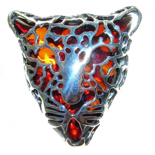 Precious Cheetah Baltic Amber .925 Sterling Silver handmade Large ring size 8 adjustable
