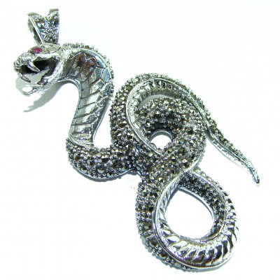 Large 2 5/8 inches long Cobra Snake genuine Marcasite .925 Sterling Silver handmade Pendant