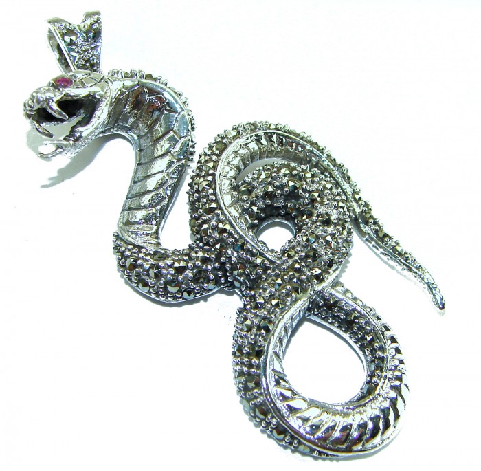 Large 2 5/8 inches long Cobra Snake genuine Marcasite .925 Sterling Silver handmade Pendant