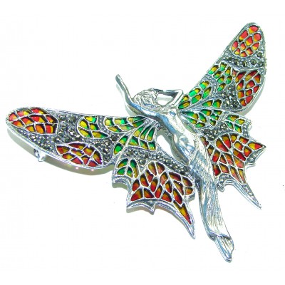 Natural Enamel Elf .925 Sterling Silver Brooch Pendant