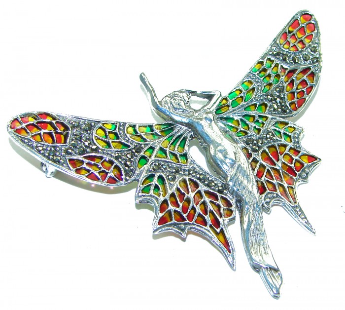 Natural Enamel Elf .925 Sterling Silver Brooch Pendant