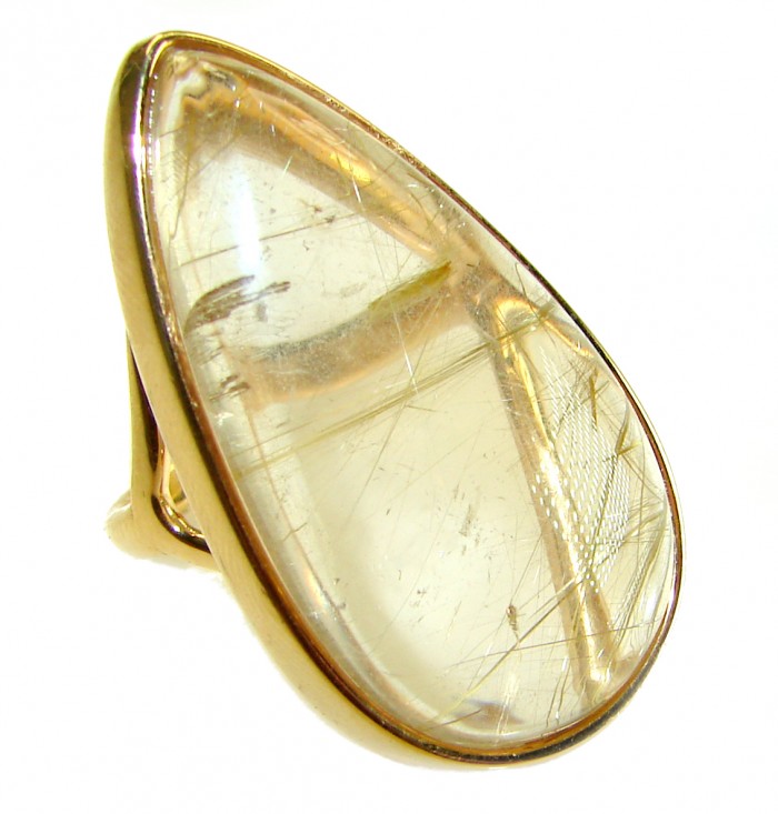 Vintage Design 28.2 carat Himalayan Golden Rutilated Quartz 14K Gold over .925 Sterling Silver handcrafted Ring Size 6 1/2