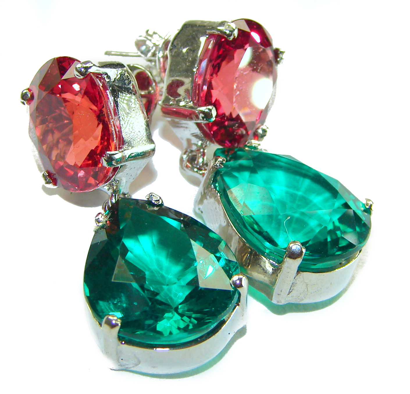 Las Vegas Strip pear cut 26.5 carat Ruby Emerald .925 Sterling Silver handmade Statement earrings