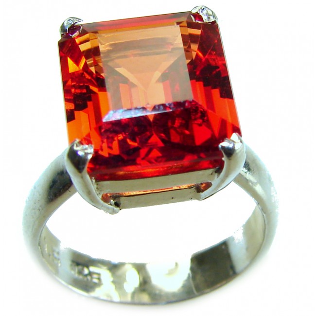 Blooming Rose baguette cut 19.5 carat Orange Sapphire .925 Sterling Silver handmade Statement ring; s. 8