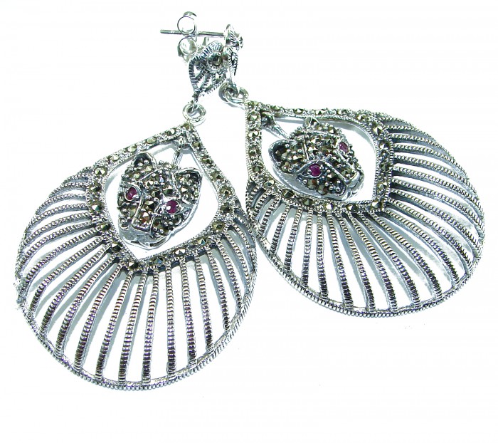 Cheetah Spectacular Ruby Marcasite .925 Sterling Silver LARGE earrings