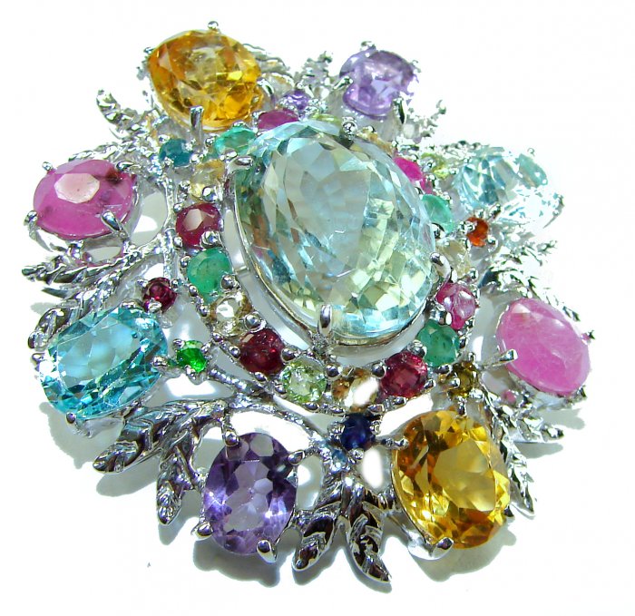 Blooming Garden Brooch - Authentic 55.5 carat Multigem 18K White Gold over .925 Sterling Silver handcrafted Pendant - video