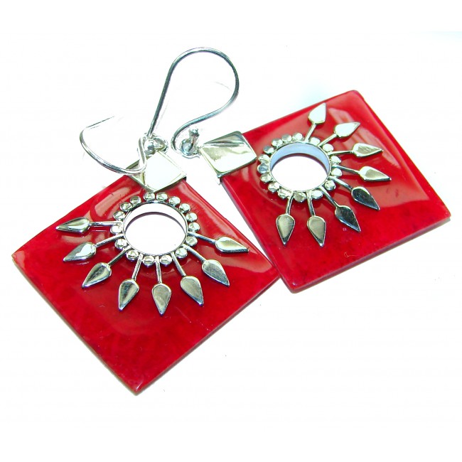 Large Genuine Red Fossilized Coral .925 Sterling Silver handmade earrings
