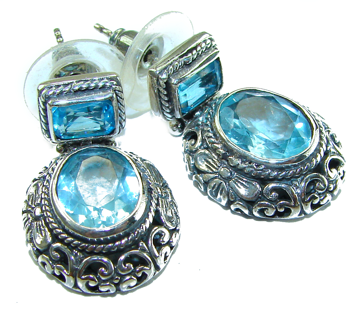 Atlantica 8.5 carat genuine Swiss Blue Topaz .925 Sterling Silver handmade Statement earrings
