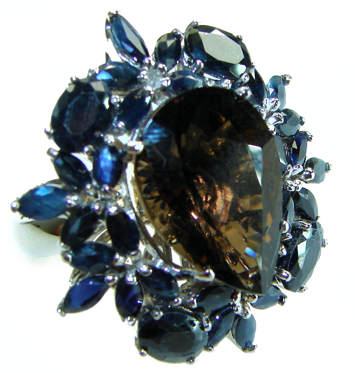 Penelope Authentic 22.5 carat faceted Sapphire Smoky Topaz .925 Sterling Silver handcrafted Statement Ring size 8