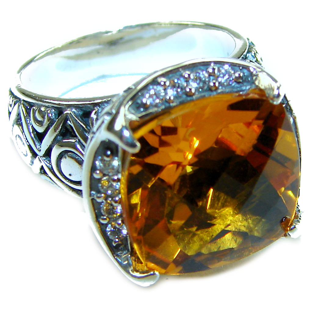 Golden Royalty princess cut 15.5 carat Golden Topaz .925 Sterling Silver Handcrafted Ring size 7