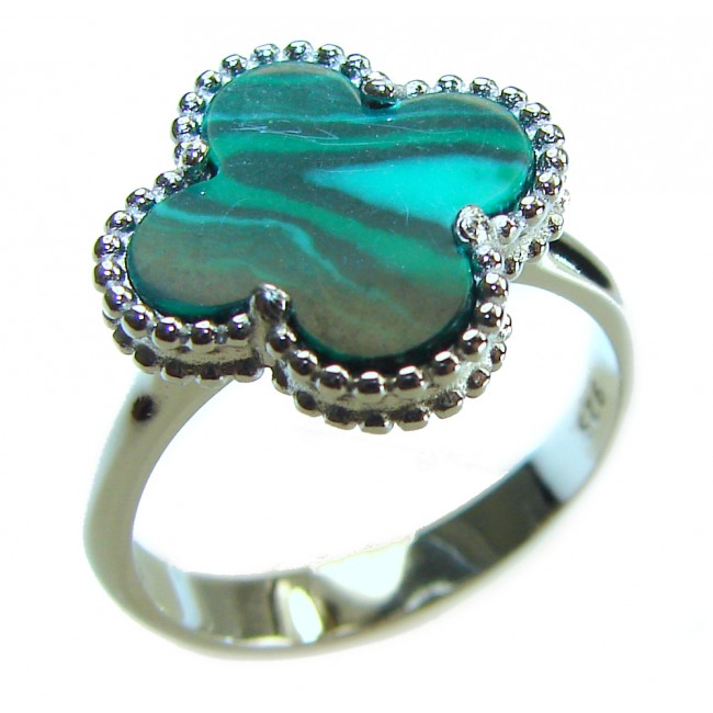 Four Clover genuine inlay Malachite .925 Sterling Silver handcrafted ring size 7 1/4
