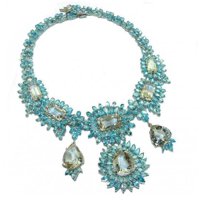 Giovanna Incredible Design 388.5 carat Champagne Topaz Swiss Blue Topaz .925 Sterling Silver handmade Large Statement necklace