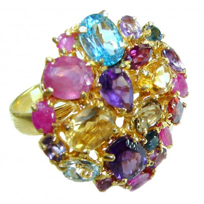 Blooming Garden - Authentic 19.5 carat Multigem 18K Gold over .925 Sterling Silver handcrafted Large Ring size 8 3/4