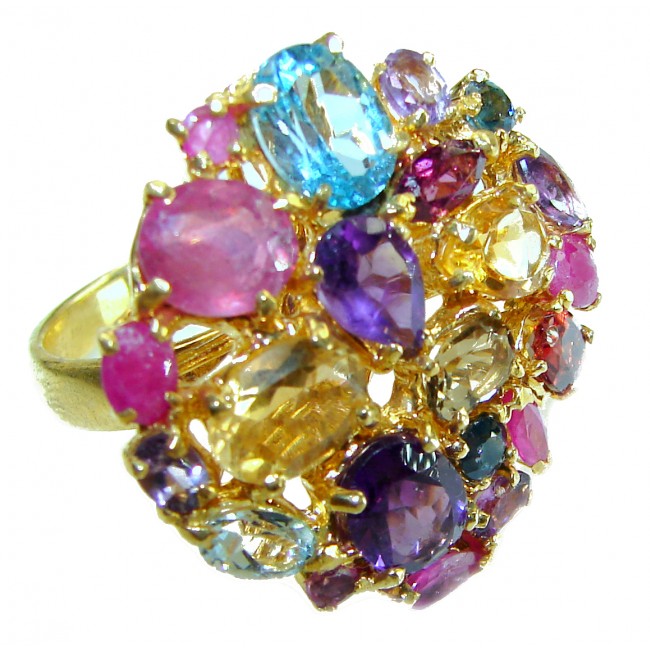 Blooming Garden - Authentic 19.5 carat Multigem 18K Gold over .925 Sterling Silver handcrafted Large Ring size 8 3/4