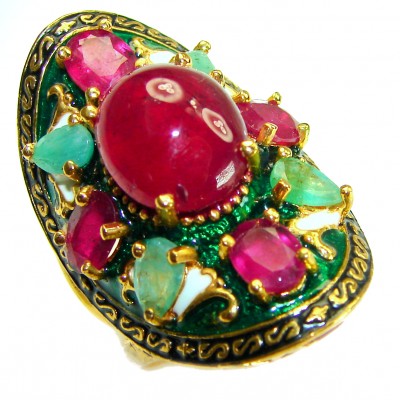 Wisdom authentic 8.7 carat Ruby enamel 18 K Gold over .925 Silver handcrafted Statement Ring s. 6 3/4