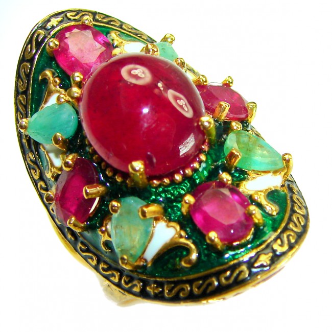 Wisdom authentic 8.7 carat Ruby enamel 18 K Gold over .925 Silver handcrafted Statement Ring s. 6 3/4