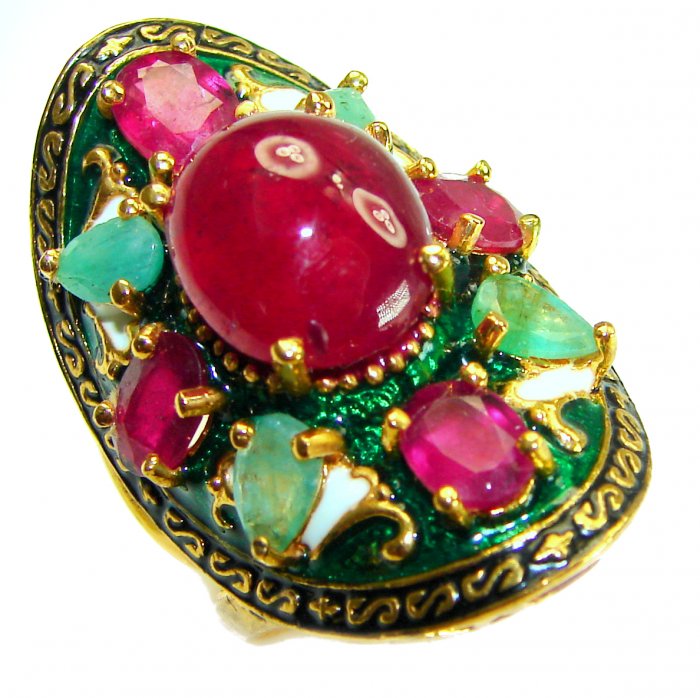 Wisdom authentic 8.7 carat Ruby enamel 18 K Gold over .925 Silver handcrafted Statement Ring s. 6 3/4 - video
