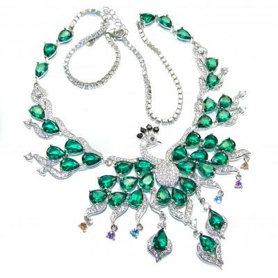 65.2 carat Graceful Swan Natural Emerald .925 Sterling Silver handcrafted Statement necklace