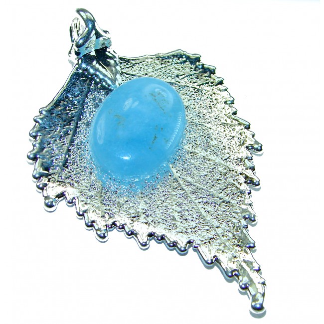Stylish REAL Leaf dipped in Sterling Silver Aquamarine & .925 Sterling Silver Pendant