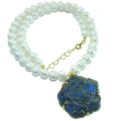 Dazzling Beauty - Exclusive fresh water Pearl carved Labradorite 14K Gold over .925 Sterling Silver handcrafted necklace