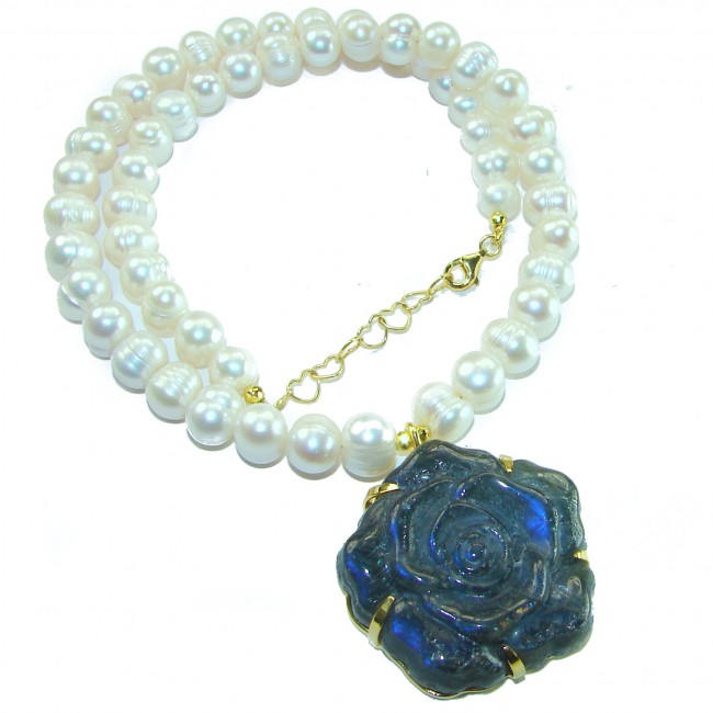 Dazzling Beauty - Exclusive fresh water Pearl carved Labradorite 14K Gold over .925 Sterling Silver handcrafted necklace